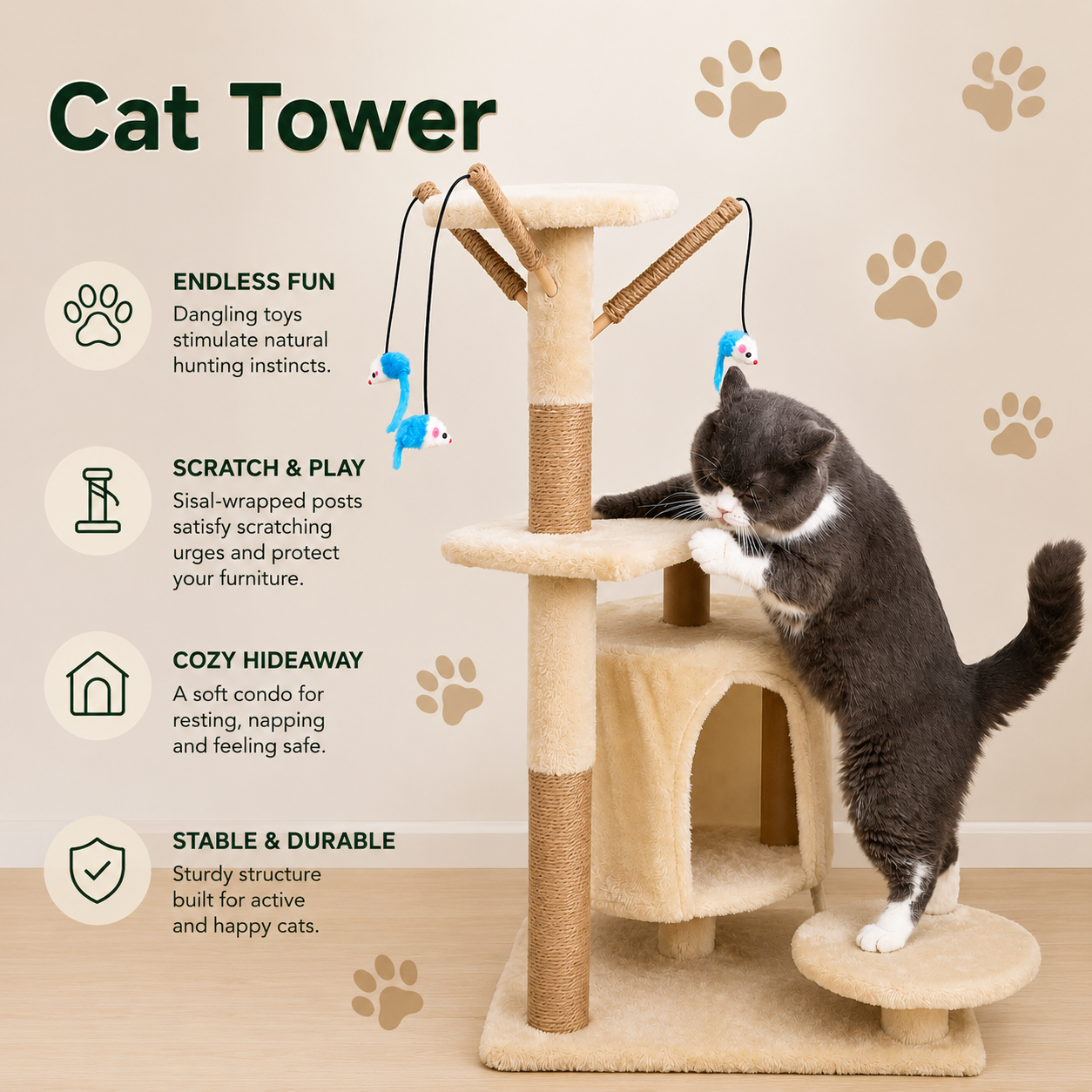 Premium Cat Tower with Scratching Posts & Cozy Hideaway